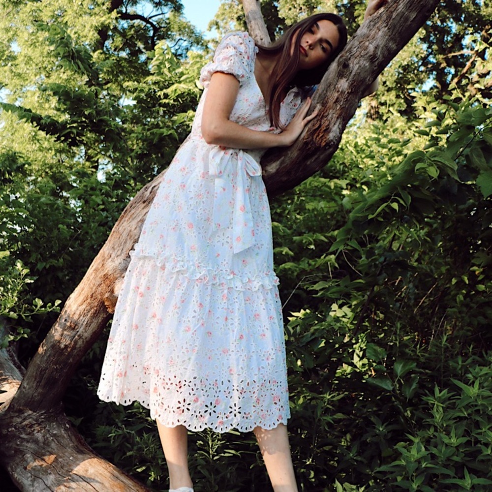 LoveShackFancy White Eyelet Floral Maxi Dress with Pink Accents